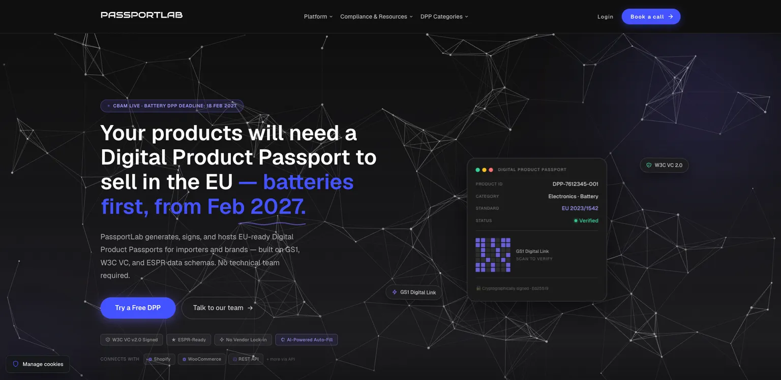 Passportlab homepage announcing the battery passport deadline of February 2027, next to a sample Digital Product Passport